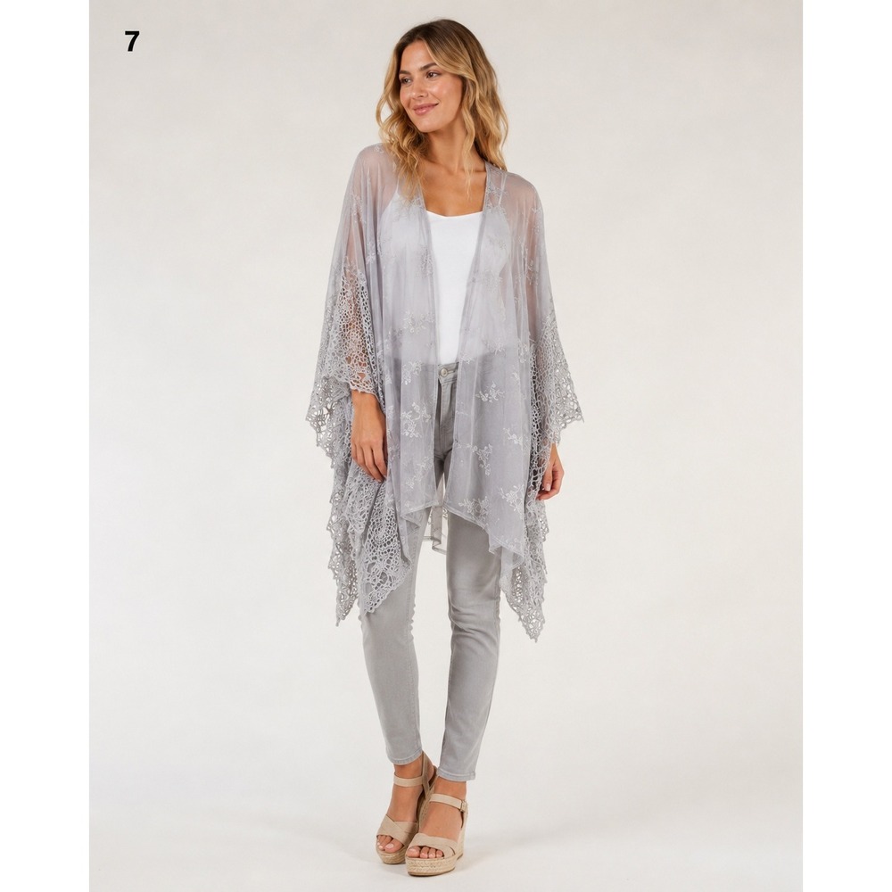 Cal Style Kimono Top Womens XL Silver Lace‎ Crochet Witchy Romantic Fairy